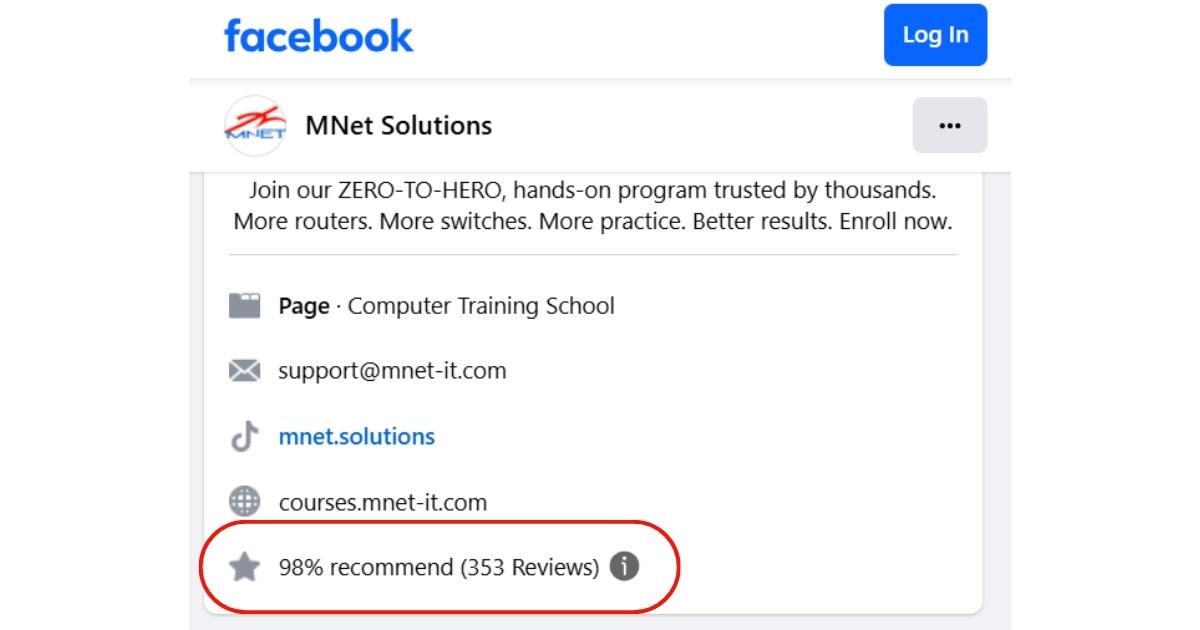 Facebook page of MNet Solutions showing 98% recommendation rating from 353 student reviews